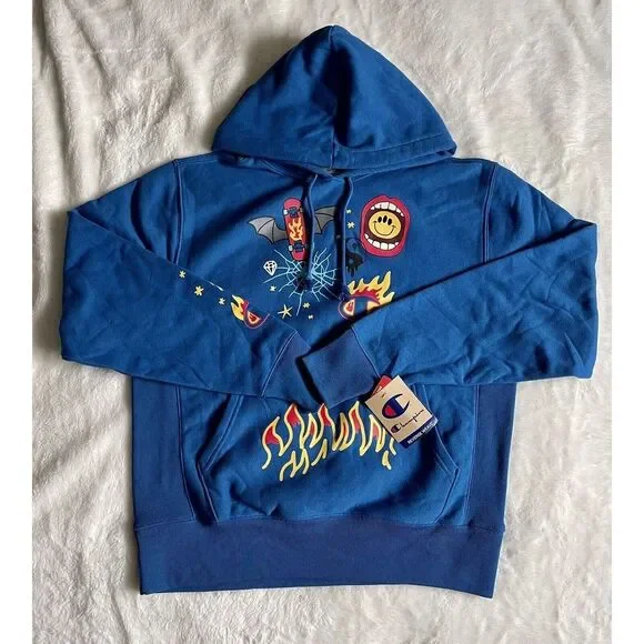 Champion Hoodie Men Sz L Sweatshirt Living in Blue Skateboard Flames NWT - Picture 2 of 11